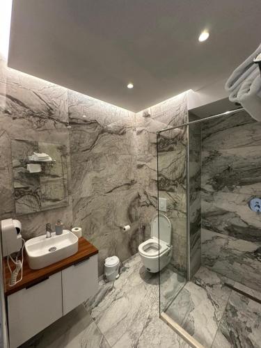 a bathroom with a sink and a toilet and a shower at Ferdinand Residence in Himare