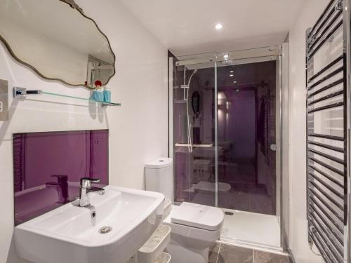 a bathroom with a sink and a toilet and a shower at 1 Bed in Okehampton oc-78087 in Hatherleigh