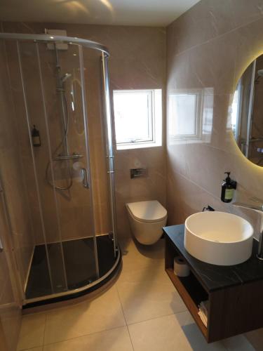 a bathroom with a shower and a sink and a toilet at Old Airline Guesthouse in Höfn