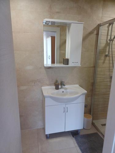 a bathroom with a white sink and a mirror at Guest House Radulj in Polače