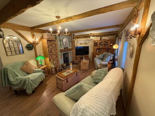 a living room with two couches and a tv at Detached property, beams, hot tub large garden in Broadwey