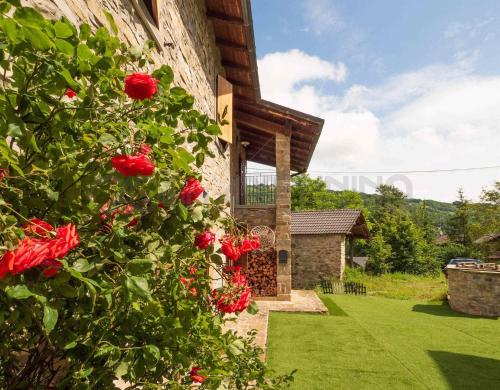 an external view of a house with red roses at Perbone 1573 - Premium Restored Villa in Toano