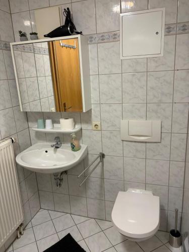 a bathroom with a toilet and a sink at modern ausgestatte "GS2613" Gästewohnung im Zentrum Merseburgs in Merseburg