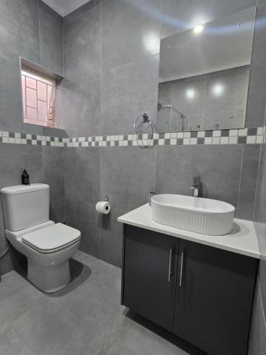 a bathroom with a toilet and a sink and a mirror at The Oak GuestUnit in Kathu