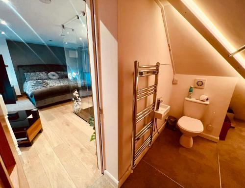 a bathroom with a toilet and a bed in a room at Arnie in Longley
