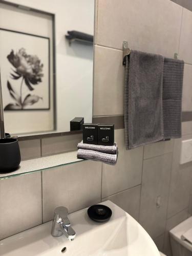 a bathroom with a sink and a mirror at Suite Casina al Lago in Lavena Ponte Tresa