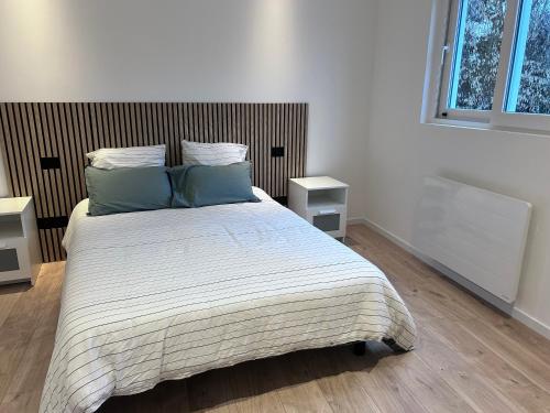 a bedroom with a large bed with two pillows at Appartement proche de Colmar in Horbourg