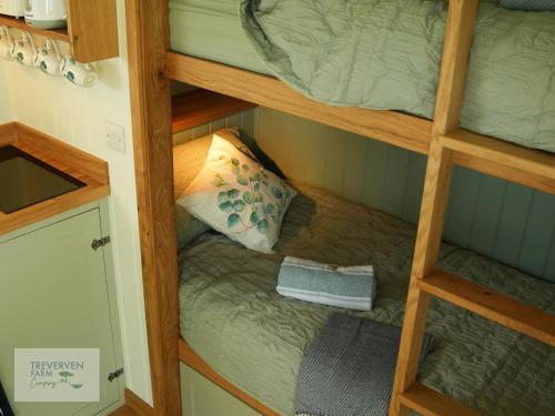 a bunk bed in a small room with a bunk bed in a room at St Loy & Penberth Shepherds' Huts in Saint Buryan