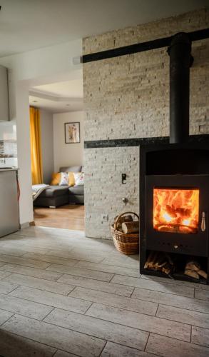 a living room with a fireplace and a couch at Apartament nad Bukówką in Lubawka