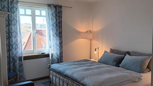 a bedroom with a bed with a window and a lamp at Ferienwohnung Hofgarten in Ansbach