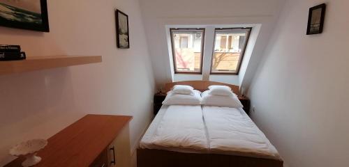 two beds in a room with two windows at Central Pécs Free Parking in Pécs