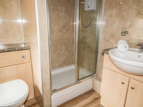 a bathroom with a shower and a toilet and a sink at Mews Cottage 5 in Keswick