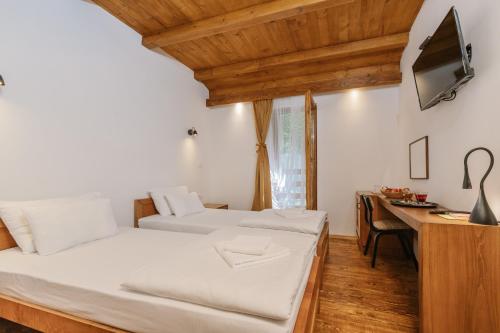 two beds in a room with a desk and a tv at Hotel Porto Tara in Žabljak