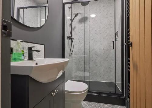 a bathroom with a toilet and a sink and a shower at The Quay Corner in Saint Thomas Station