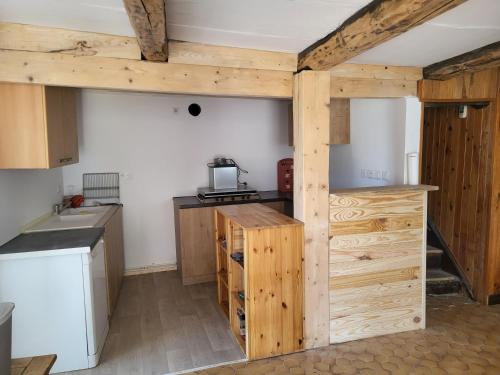 a kitchen with wooden cabinets and a counter top at Maison ferme équestre du Ténéré in Saint-Jean-Lachalm