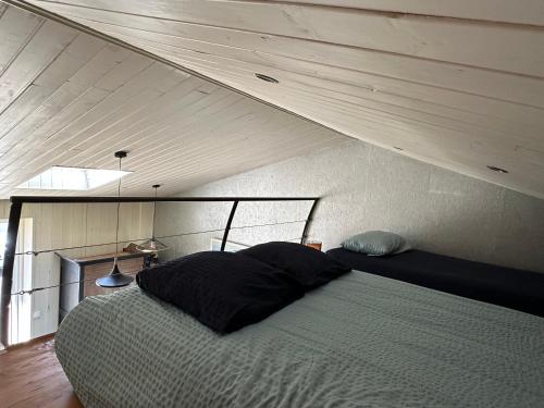 a bedroom with a large bed in a attic at Charmante maison vue chenal in Les Sables-d'Olonne