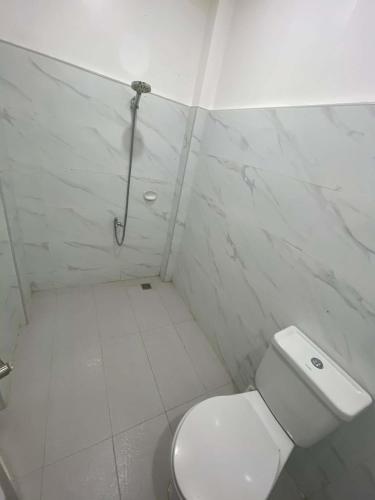a white bathroom with a toilet and a shower at Pinkys Guest House in Allen