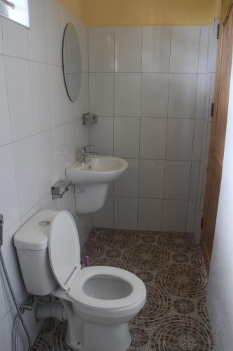 a bathroom with a toilet and a sink at Kibale Eco-Home in Bigodi