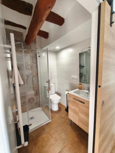 a bathroom with a shower and a toilet and a sink at Mas Lloretó - La Oreneta in Copóns