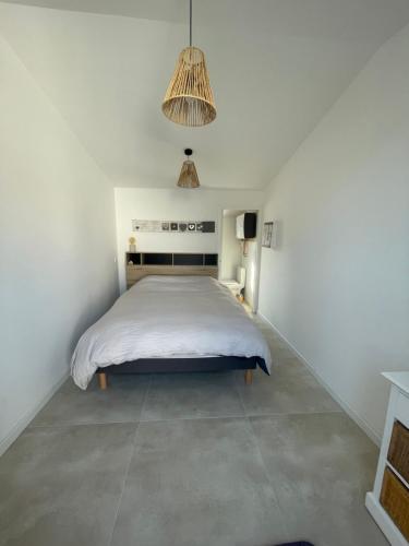 a bedroom with a bed in a white room at Arcachonnaise 5 chambres, 500M de la plage et 6 vélos à disposition in Arcachon