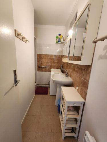 a small bathroom with a sink and a mirror at Les flos bleus in La Bernerie-en-Retz