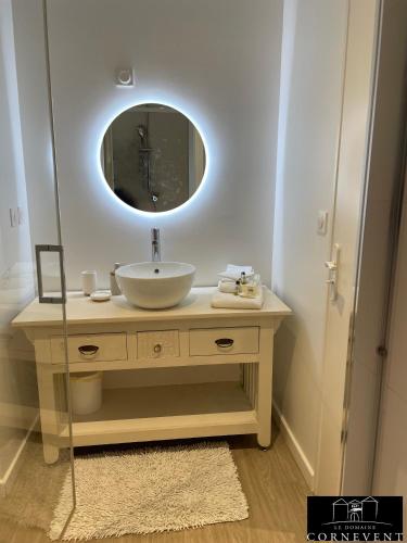 a bathroom with a sink and a mirror at Appartement scandinave élégant, Domaine Cornevent Lyon, parc & piscine in Vernaison