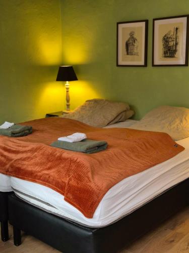 a bedroom with two beds with towels on them at Guest room with a mountain view in Laugarvatn