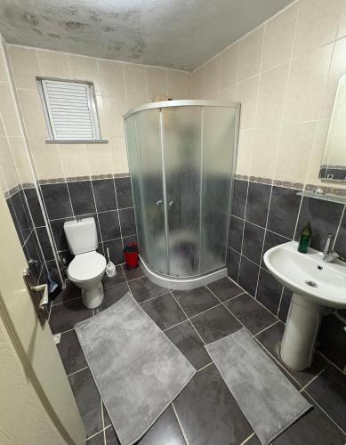 a bathroom with a shower and a toilet and a sink at Liva Kartal in Karasu