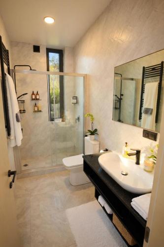 a bathroom with a shower and a sink and a toilet at Villa White Dolphin Kaprovani in Ureki