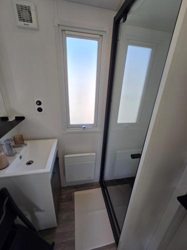 a bathroom with a shower and a sink and a window at Moon Lodge in Koksijde