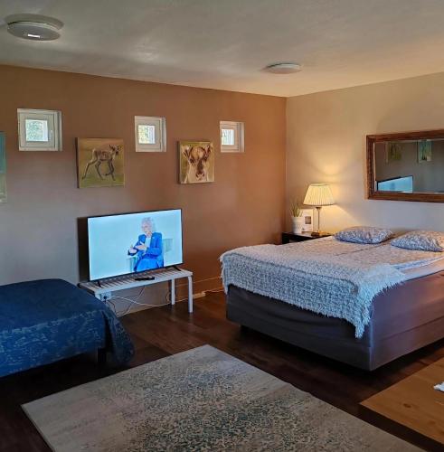 a bedroom with two beds and a flat screen tv at Villa Tammikallio Guest House, near the airport - Kodikas vierasmaja Tuusulassa in Tuusula