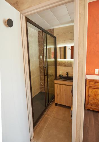 a bathroom with a shower and a sink at Hôtel Panoramic et des Bains in Luz-Saint-Sauveur