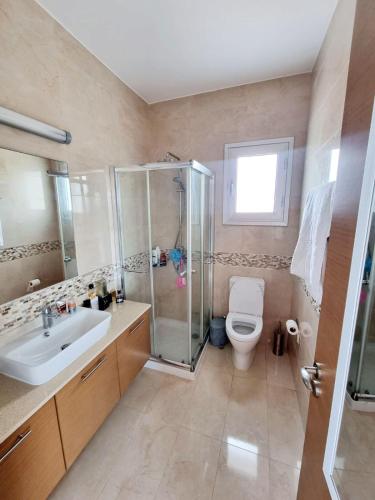 a bathroom with a toilet and a shower and a sink at luxury villa utopia 2 in Paphos