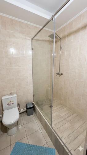 a bathroom with a glass shower with a toilet at Акерке Балхаш in Balqash