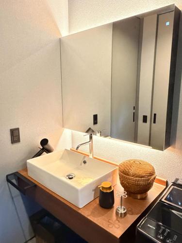 a bathroom with a white sink and a mirror at 奄美 Palm Tree Terrace in Ōkachi