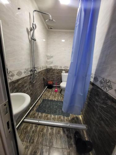 a bathroom with a shower with a sink and a toilet at Bobo Haydar FREE LONDRY SERVICE in Bukhara