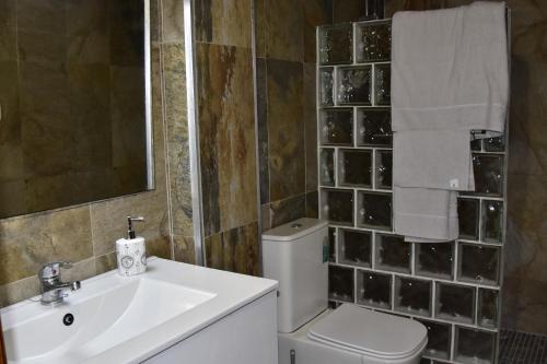 a bathroom with a sink and a toilet and a mirror at Lo Racó del Delta in Sant Jaume d'Enveja