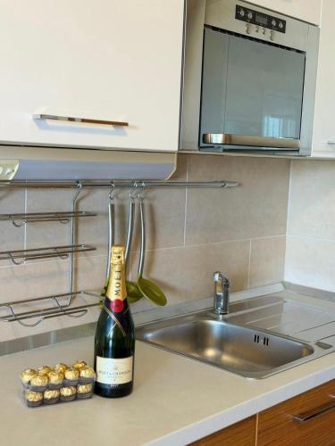 a bottle of wine sitting next to a kitchen sink at Darkin 10 in Strožanac