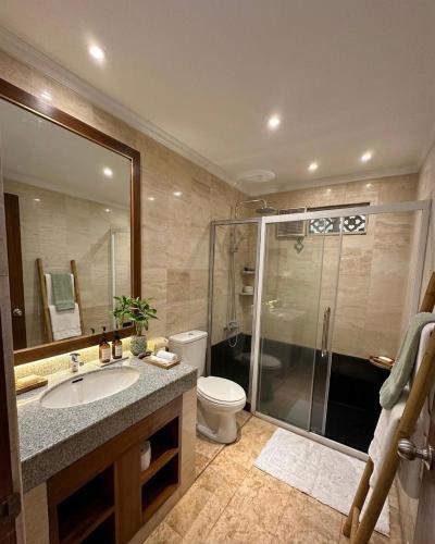 a bathroom with a shower and a sink and a toilet at Ellies Hotel in Nusa Dua