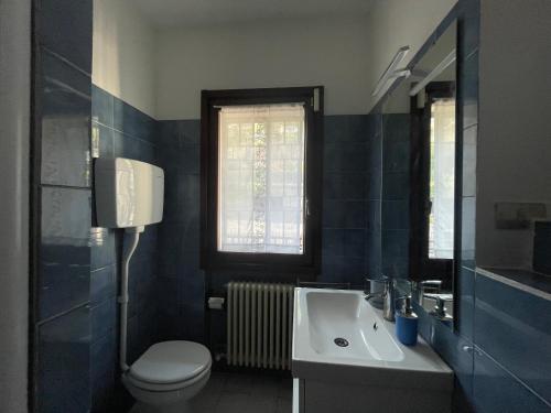 a bathroom with a sink and a toilet and a mirror at Sarnico Terrazza sul lago di Iseo in Sarnico