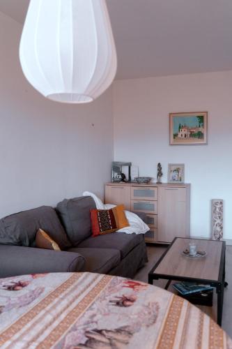 a living room with a couch and a table at Charming apartment in Porto-Vecchio in Porto-Vecchio