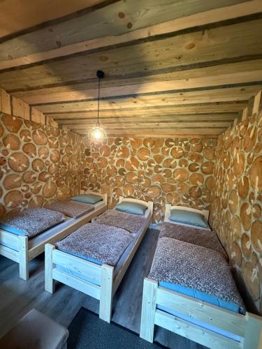two beds in a room with wooden walls at Camping Jaunzāģeri in Inciems