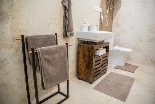 a bathroom with a sink and a toilet at La Palma Gúta in Kolárovo