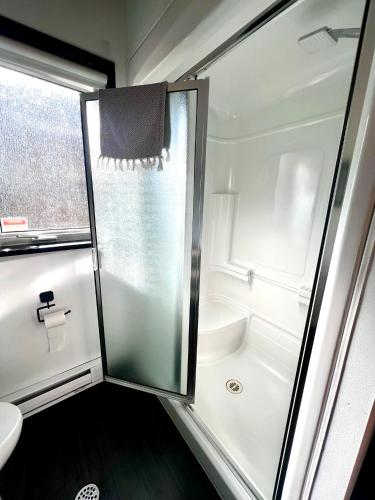 a bathroom with a shower and a toilet and a sink at The Family Cottage in Delta