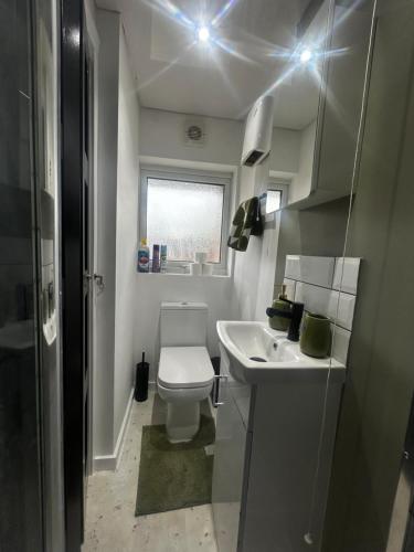 a small bathroom with a toilet and a sink at Stylish 1-Bed Apartment in Chester with Parking & Full Kitchen in Chester