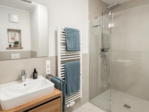 a bathroom with a sink and a shower at Ferienwohnung Sonnenufer am Dümmer See in Lembruch