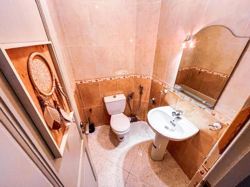 a small bathroom with a toilet and a sink at Itrane Hostel in Tamraght Ouzdar