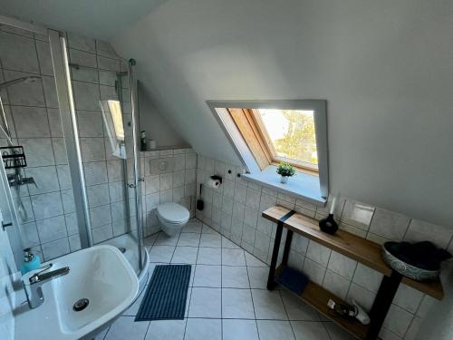 a bathroom with a shower and a sink and a toilet at Fewo Charlotte in Weimar