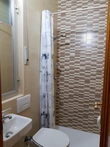 a bathroom with a toilet and a shower curtain at Hostal Soto in La Virgen del Camino