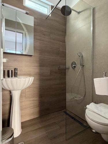 a bathroom with a shower and a sink and a toilet at Stegna Sunny-Beach in Archangelos